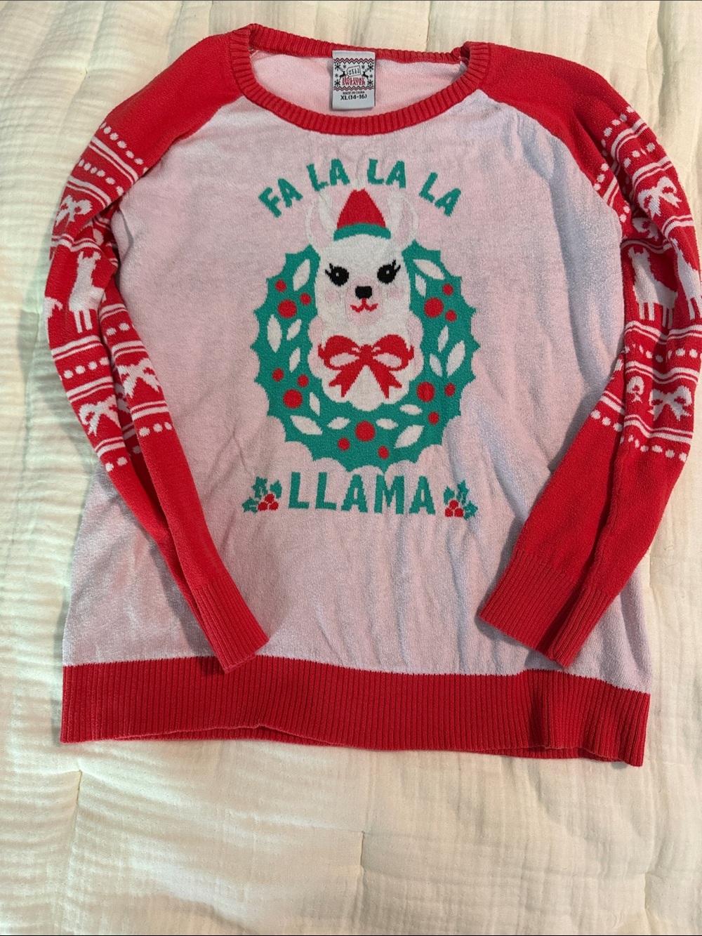 Well Worn 'Fa La La La Llama' Sweater - Red & Light Pink